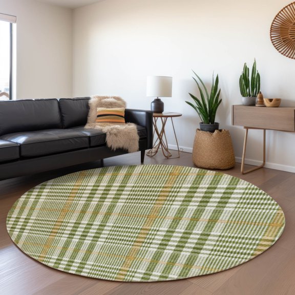 Addison Rugs Mayfield Premium Machine Washable Transitional Plaid Olive Round Rug, 8' x 8'