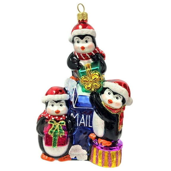 Penguins Delivering Presents to the Mailbox Polish Glass Christmas Tree Ornament