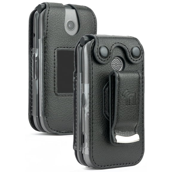 Case for Coolpad Belleza Flip Phone, Nakedcellphone [Black Vegan Leather] Form-Fit Cover with [Built-In Screen Protection] and [Metal Belt Clip] for CP3321AT