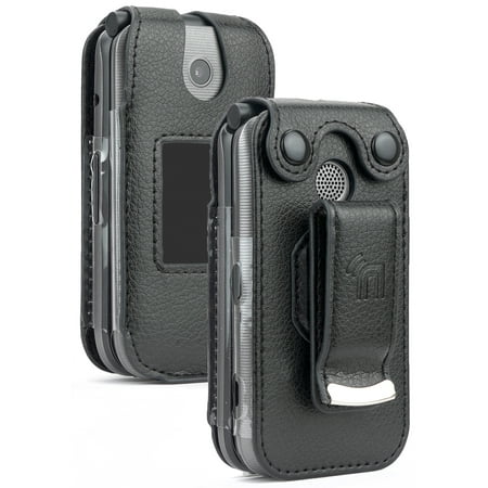 Case for Coolpad Belleza Flip Phone, Nakedcellphone [Black Vegan Leather] Form-Fit Cover with [Built-In Screen Protection] and [Metal Belt Clip] for CP3321AT