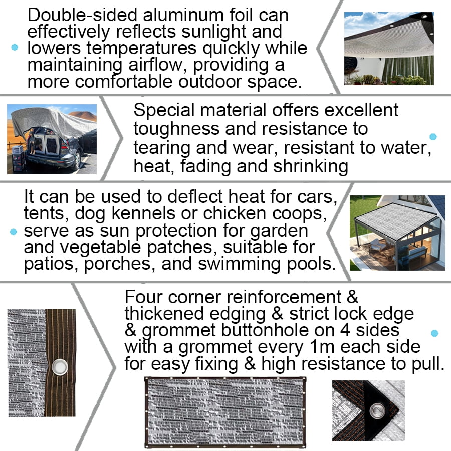 Teettartee Outdoor Reflective Shade Cloth, Silver, 118.1”x 236.2”(3 x 6 m), Aluminum Reflective Sun Shade Cover, Deflect Heat For Cars,Tents,Dog And Hen House, Garden, Patios, Porches, Swimming Pools