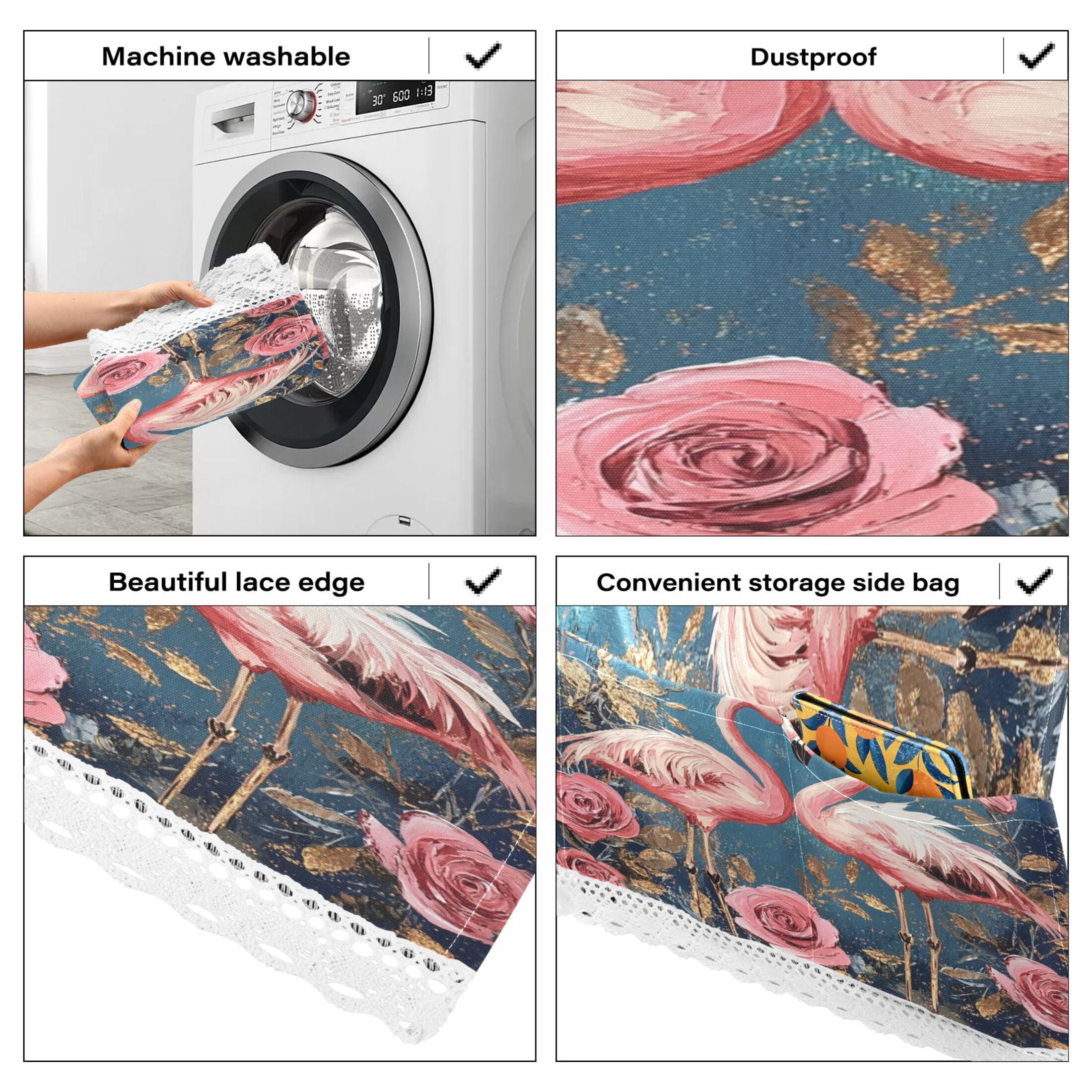 Washing Machine Cover 51.2x22in, Durable Polyester Dust Cover with Lace Trim and Side Pocket for Appliances Raggedy Pink Flamingos