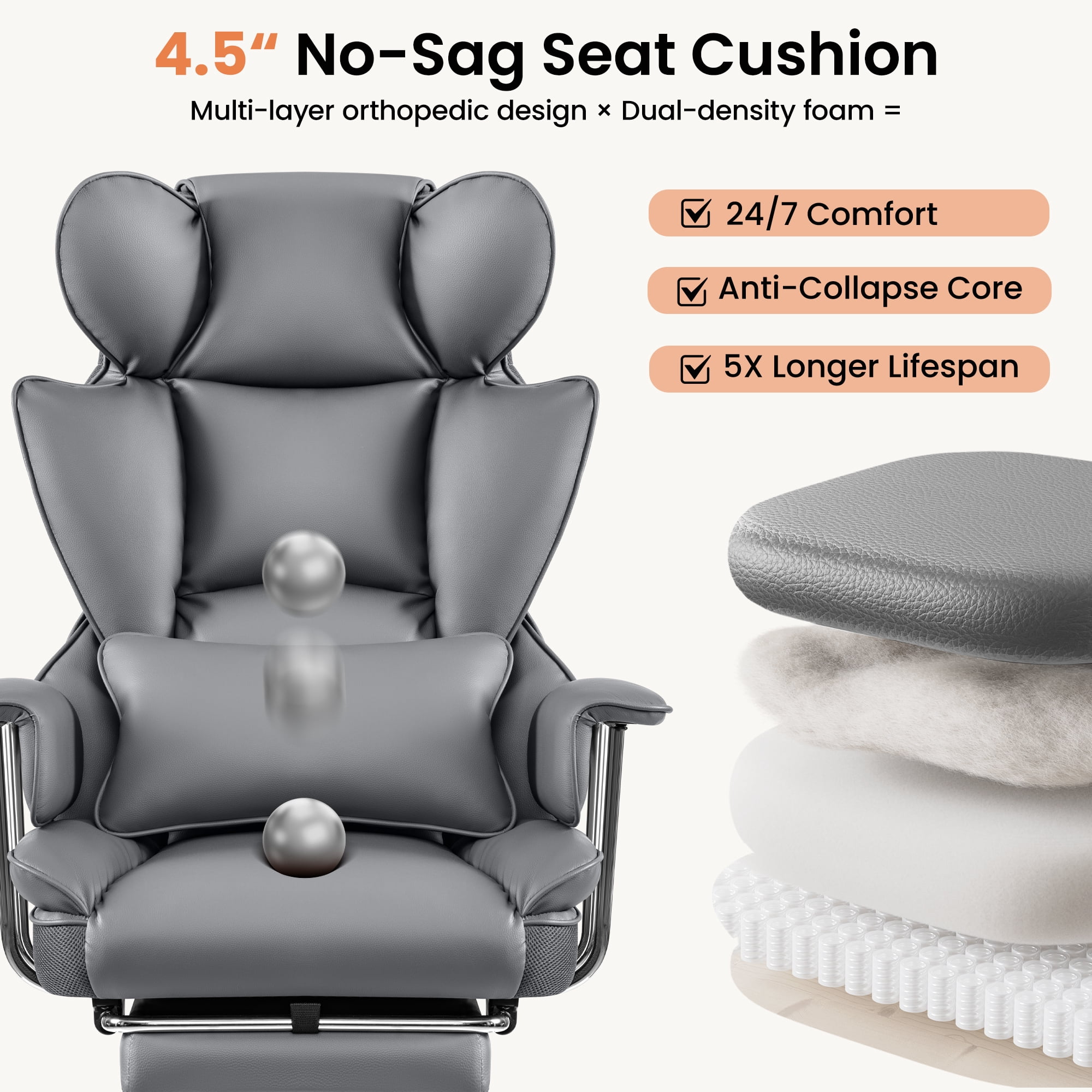 Primy High Back Office Chair, Big and Tall PU Leather Executive Chair with Footrest – Ergonomic Reclining Computer Desk Chair, High-Density Foam, Heavy Duty Swivel Rolling Chair, Gray