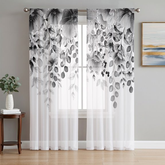 Grey Tulip Eucalyptus Sheer Curtains 96 Inch Length 2 Panels Set, Spring Summer Botanical Floral Chic Voile Window Treatment Semi Sheer Long Curtains Drapes for Bedroom/Living Room/Kitchen 52"x96"x2