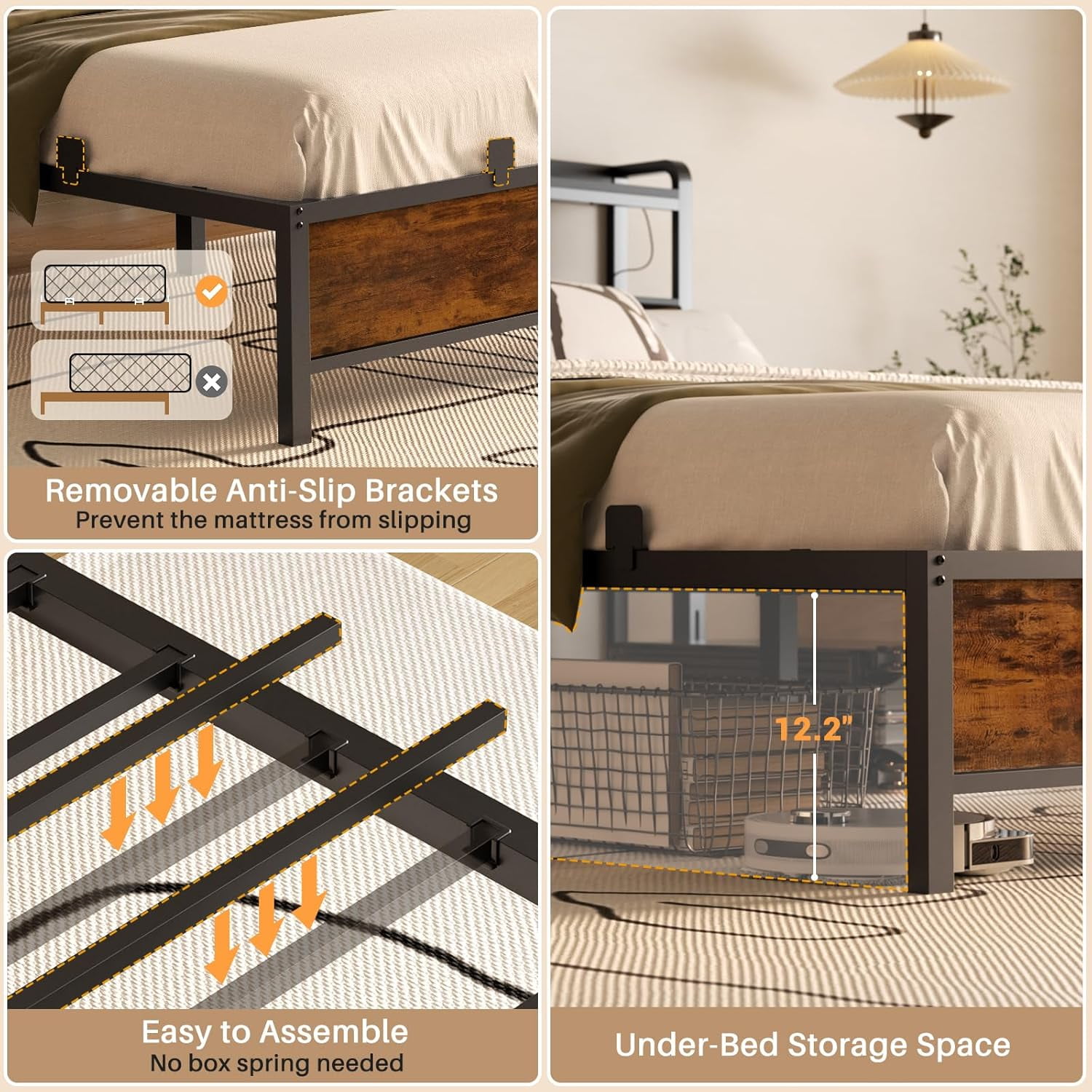 Homieasy Full Size Bed Frame with Charging Station, Adjustable Upholstered Faux Leather Headboard, Industrial Platform Bed with LED Lights, Steel Slat Support, No Box Spring Needed, Rustic Brown