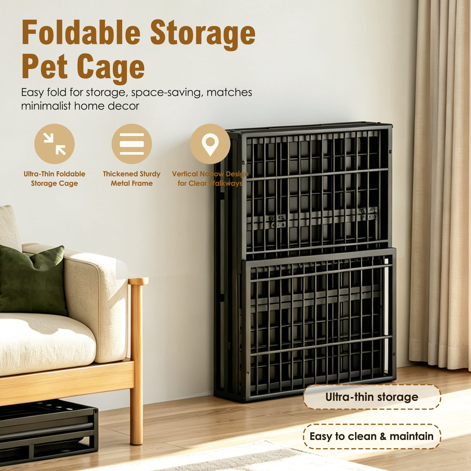 Dog Crate with Lockable Wheels and Rotary Twist-Latch, Heavy Duty Pet Kennel and Mobile Metal Cage with Perforated Top for Indoor Outdoor, Black