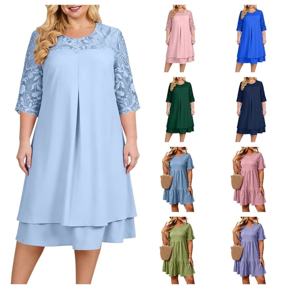 Bnwani Plus Size Summer Dresses,Women's Dresses,Crew Neck,Chiffon,Embroidered,Color Block,Light Blue,XL