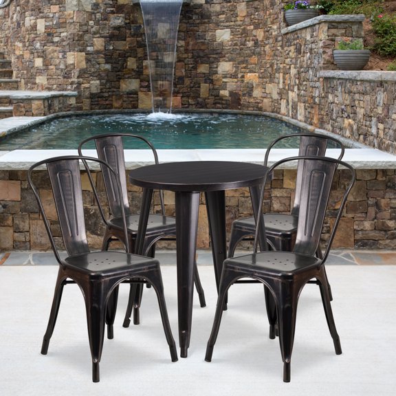 BizChair Commercial Grade 24" Round Black Metal Indoor-Outdoor Table Set with 4 Cafe Chairs