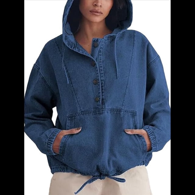 Chaqueta Vaquera con Capucha para Mujer, Jersey Vaquero con Botones y Capucha con Cordón, Sudadera Informal de Larga. Azul Oscuro L