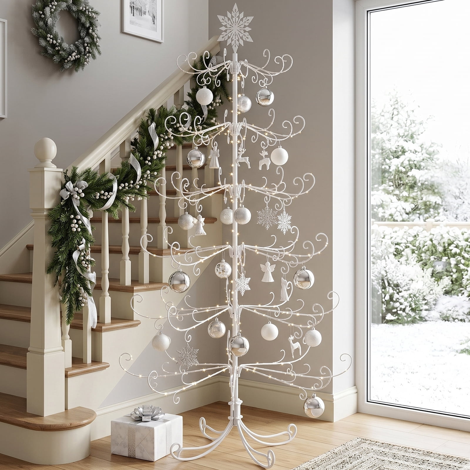 6ft White PVC Metal Artificial Christmas Tree with Snowflake Topper, No Extra Ornaments, Daily Decor Tree