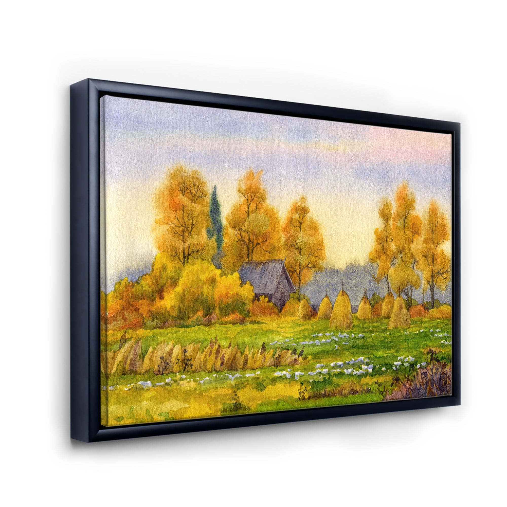 Designart 'Orange Fields With Haystacks II' Lake House Framed Canvas Wall Art Print