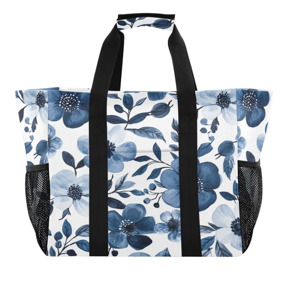 Large Hand-Held Storage Bag Kitchen Reusable Grocery Bags， Travel Tote Bags， Waterproof Tote，Laundry Bag，Beach Bag， Pool Bag Beautiful Navy Flowers