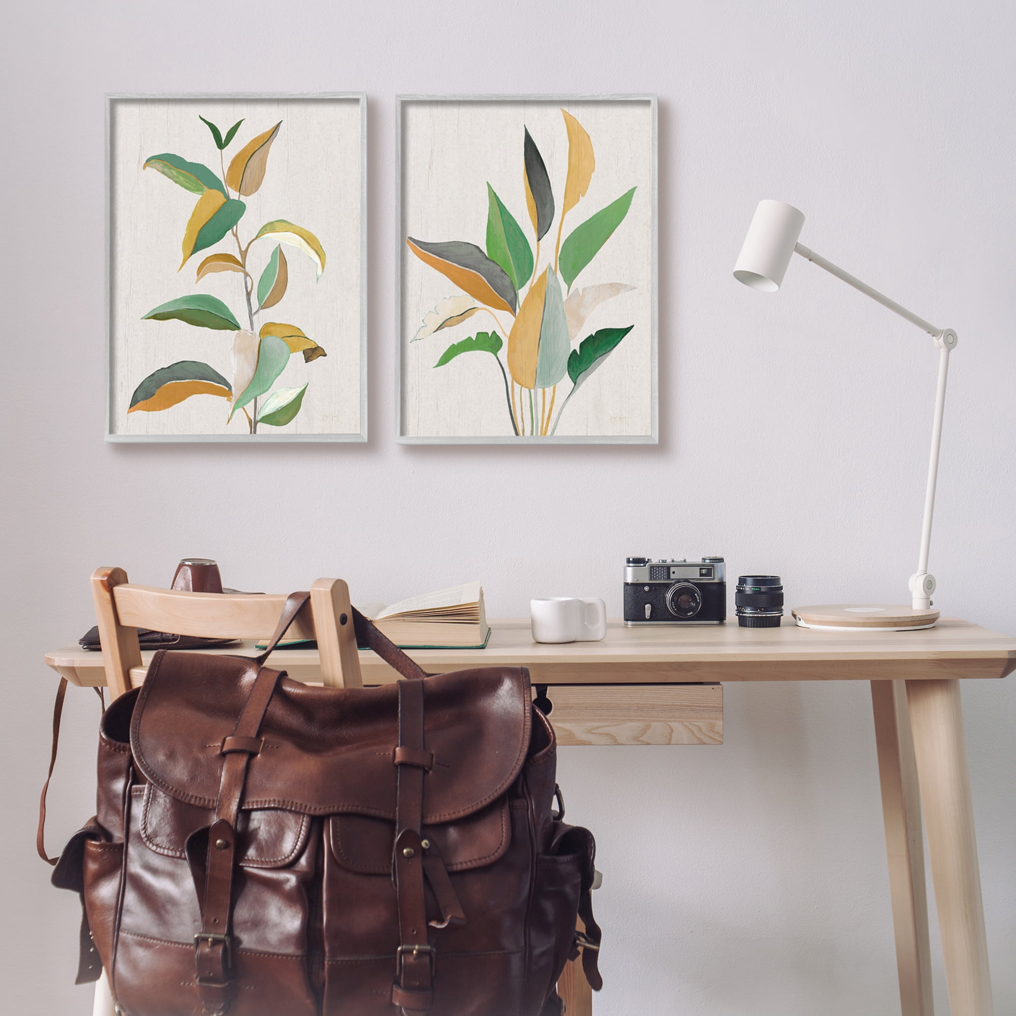 Stupell Industries Modern Split Plant Leaves Botanical & Floral Painting Gray Framed Art Print Wall Art, 16 x 20, Set of 2