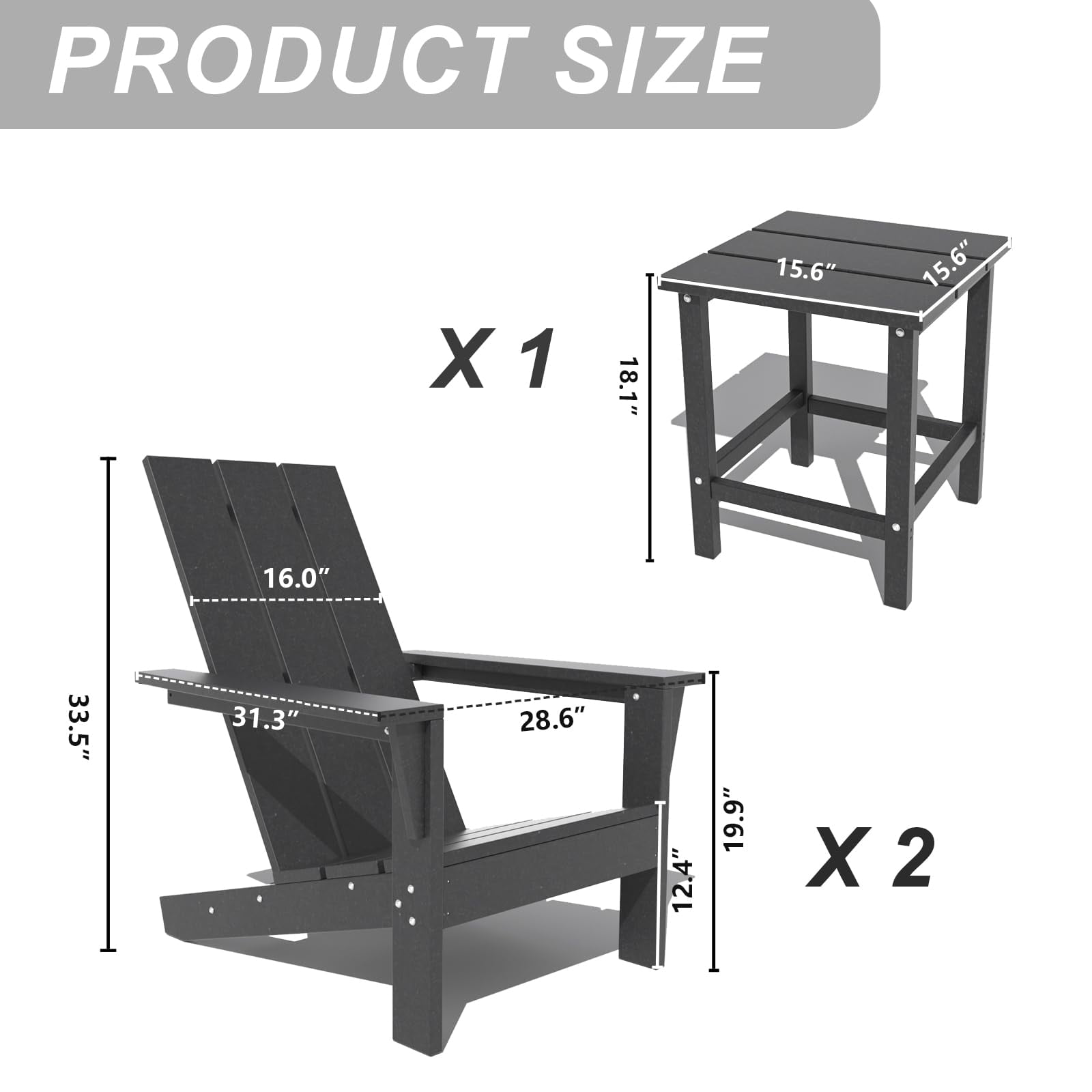 Kullavik Adirondack Chair 3 Piece Set With Table, Heavy All-Weather HDPE.Outdoor Lounge Chair for Patio Deck Garden, Backyard Deck& Lawn Furniture - Looks Exactly Like Real Wood-Black