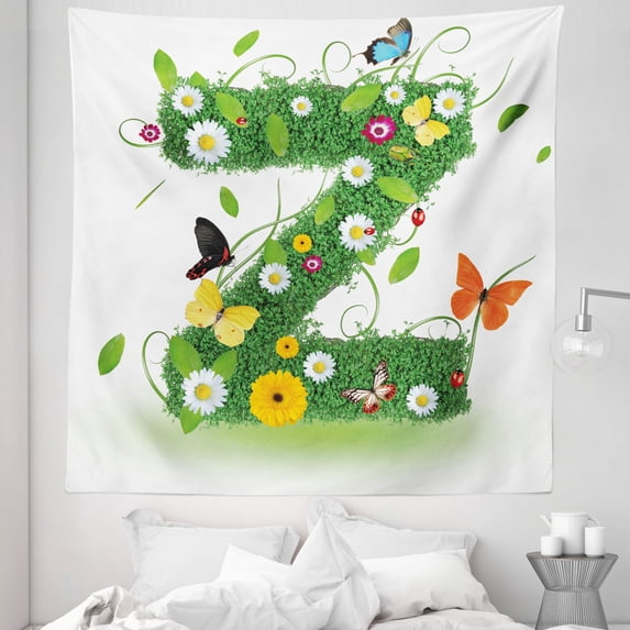 Letter Z Tapestry, Fresh Summer Garden Flower Bed and Butterflies Colorful Wings Leaves, Fabric Wall Hanging Decor for Bedroom Living Room Dorm, 5 Sizes, Green Multicolor, by Ambesonne