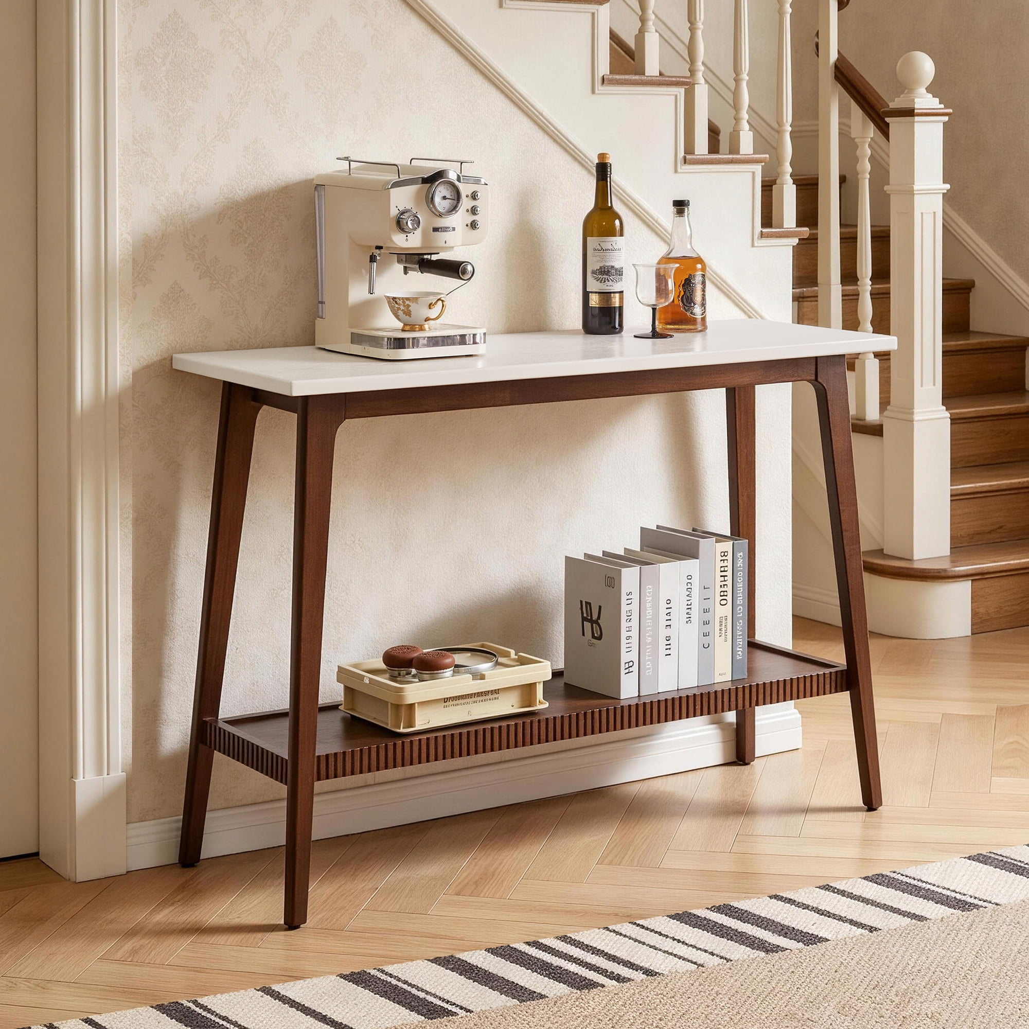 Garitin Console Table and Mid Century Modern Entryway Table 47.24 Inch, Narrow Sofa Table with Storage Shelf for Hallway Living Room, Walnut and White