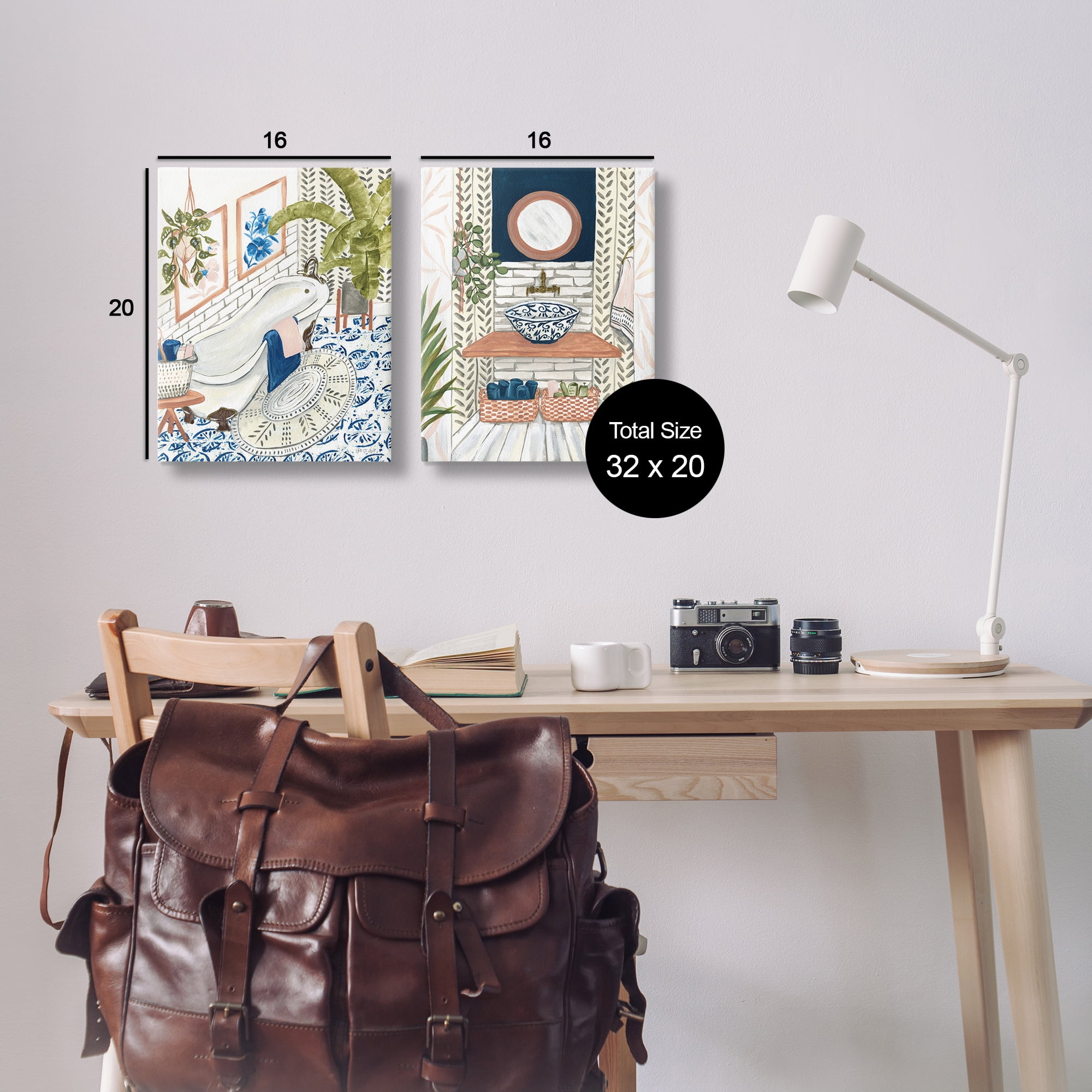Stupell Industries Boho Chic Bathroom Bath & Laundry Painting Wrapped Canvas Art Print Wall Art, 16 x 20, Set of 2