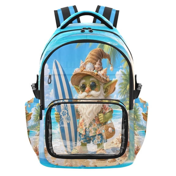 Qxltty Hawaii Gnome Backpack School Bookbag with Clear PVC Front Pocket, Laptop Compartment, Water Resistant Travel Daypack for Students