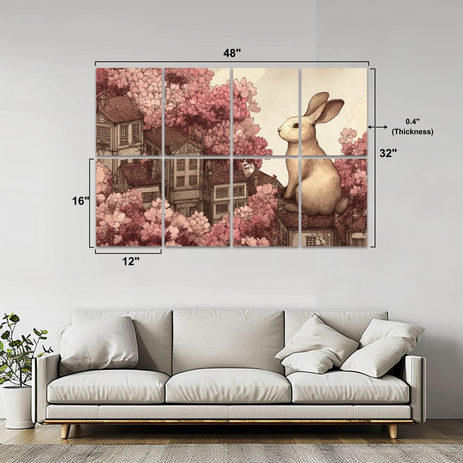 8 Pack Art Acoustic Panels Whimsical Giant Rabbit Surrealism Vintage Landscape Anthropomorphic Self Adhesive Sound Absorbing Panels for Home Office Studio Media Room 48"x32"