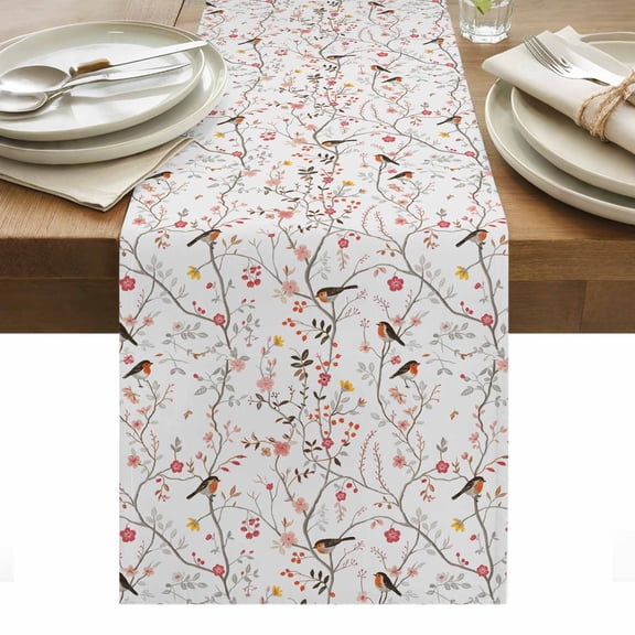 Flowers Birds Table Runner - 90 Inch Long, Kitchen Dining Table Runner Dresser Scarves, Spring Botanical Floral Tree Branches Farmhouse Decor for Coffee Tables Wedding Party Banquet