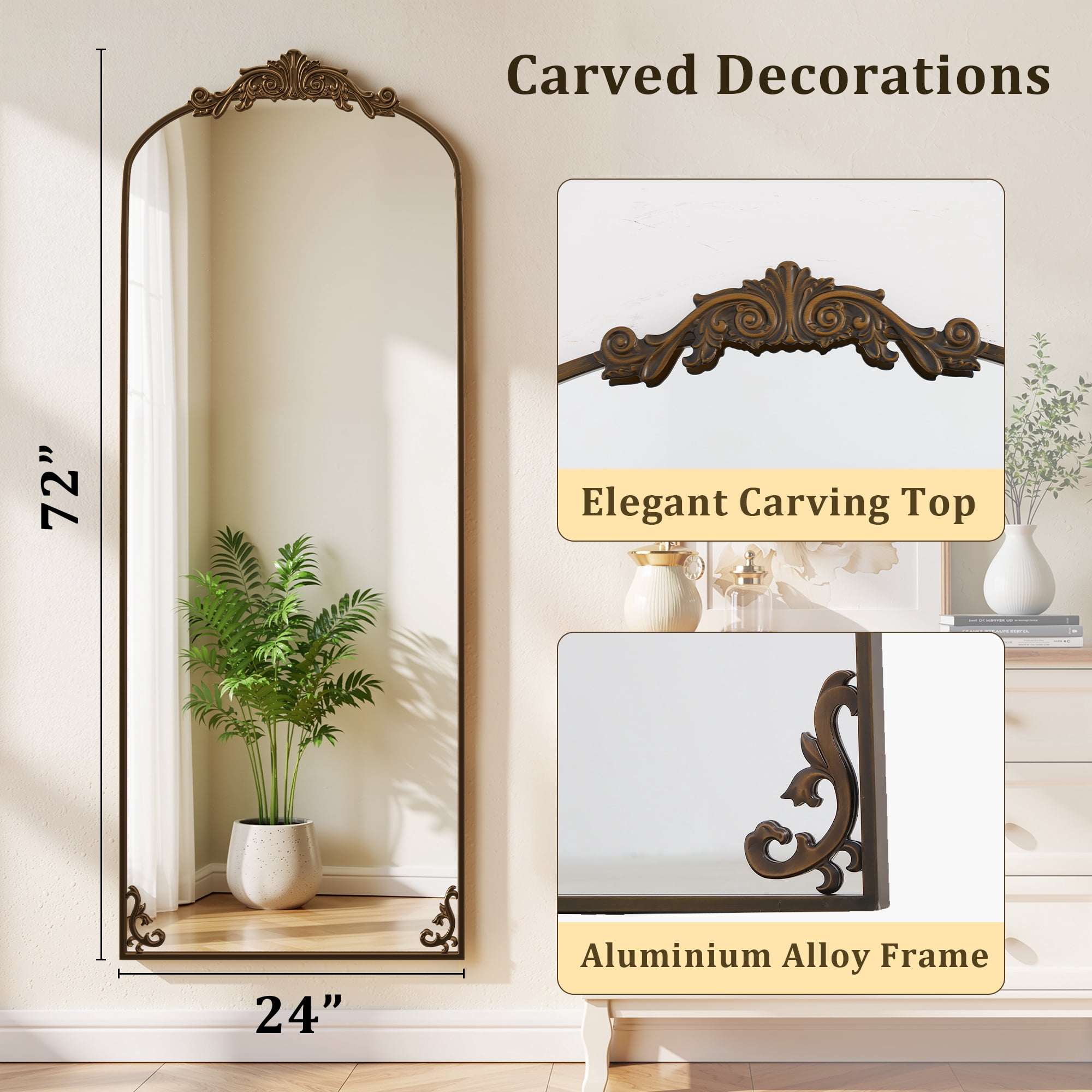 Anyrose 72"x 24" Baroque Full Length Mirror Arched Vintage Floor Mirror with Stand, Antique Bronze