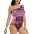 thumbnail image 3 of Sikiie Sunset Truck Highway Print Women One Piece Swimsuits Tummy Control One Shoulder Bathing Suits Ruffle Swimwear, From S to XXL-Medium, 3 of 6
