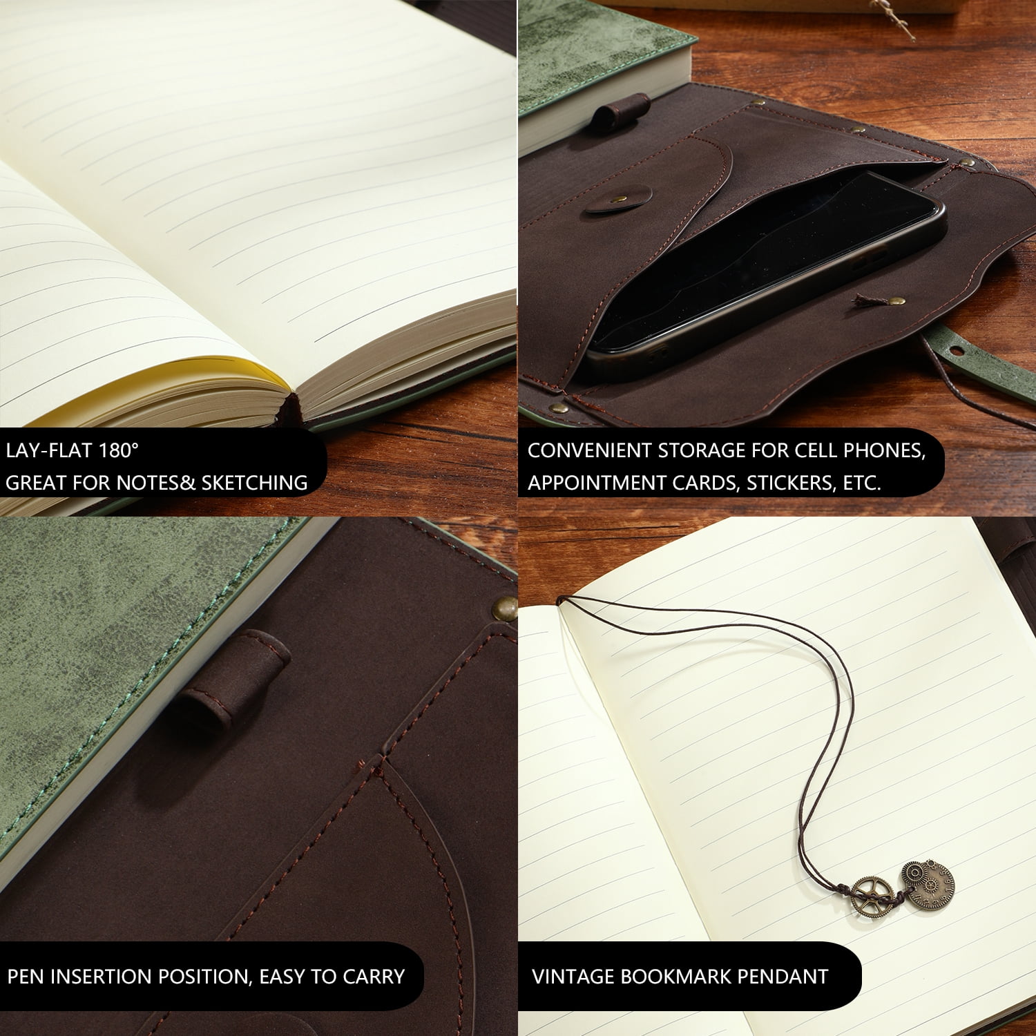 Notebook/Journal for Women Men 288 Pages A5 Hardcover Leather Journals for Writing,Travel,Business,Work & School,College Ruled Notebooks for Note Taking, Diary Notepad 7.3"×9.3" Green color