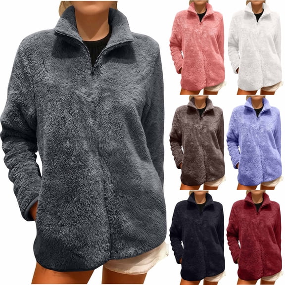 Zedker Women's Long Sleeve Fleece Coat Full Zip Fleece Jacket Soft Fleece with Pockets Blue L