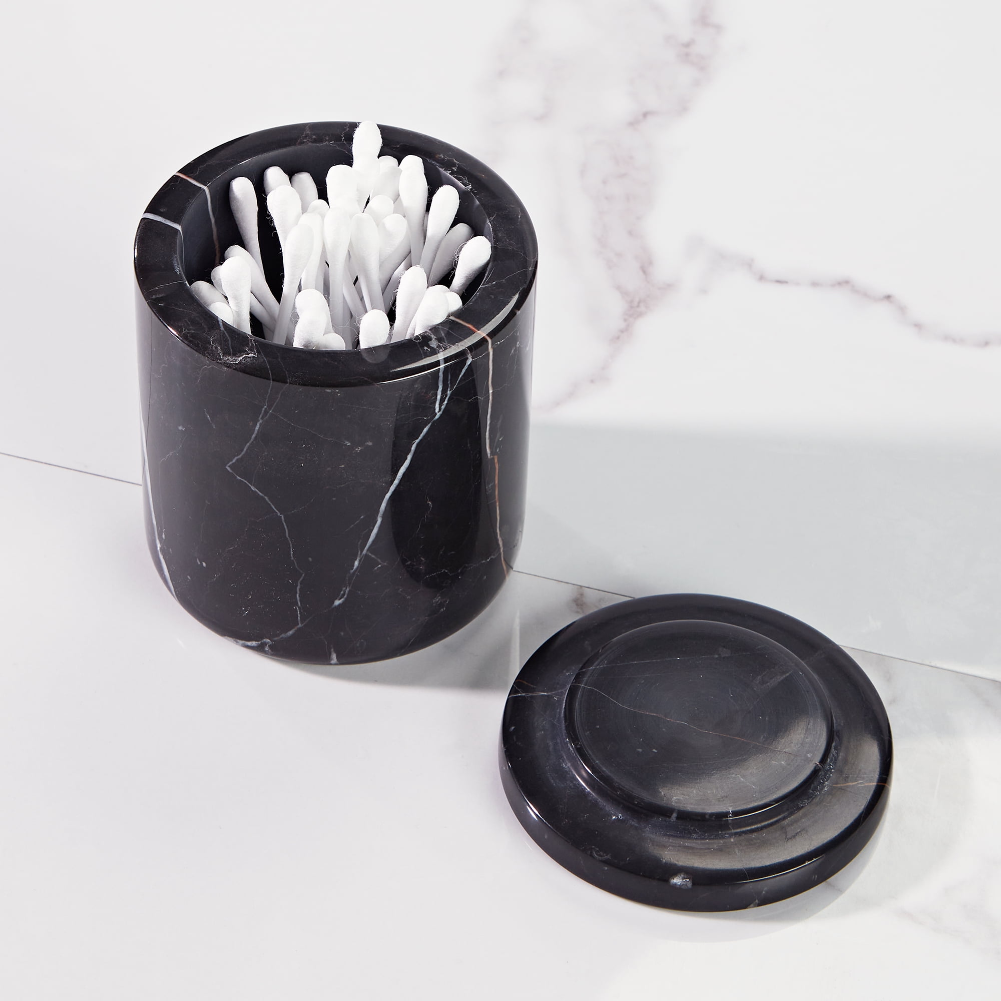 Natural Round Black Marble Canister 5.07 inch L × 5.07 inch D × 5.26 inch H, Sturdy Qtip Holder Dispenser with Lid for Cotton Swab, Pads,Floss Picks,Balls Organic Vanity Makeup Storage