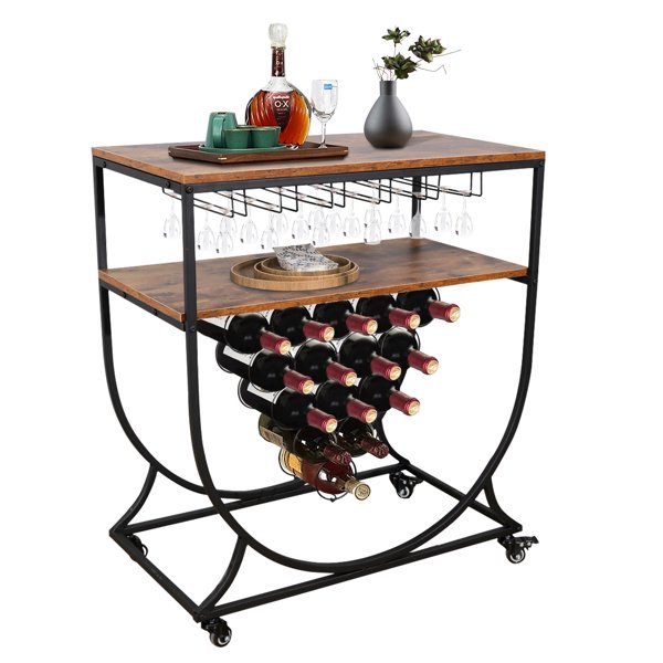 Industrial Rolling Bar Cart Wine Rack Glass Holder, Metal & Wood Wine