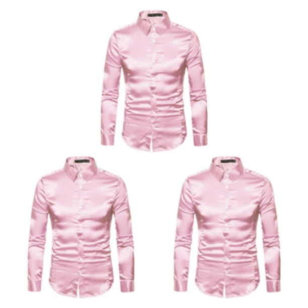 Qarigey Camisa transpirable para hombre Satén con mangas largas - Trabajo Boda o hogar Camisa para hombre Manga larga formal Rosa grande Type1 NO1