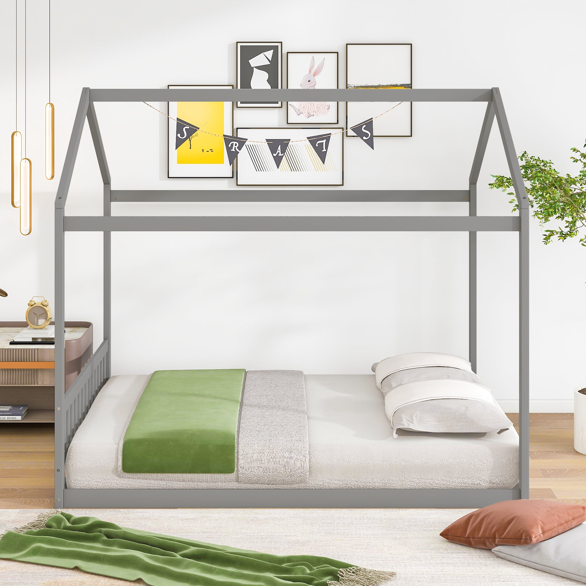 Euroco Wood Queen Size House Shaped Canopy Bed for Adults Living Room, Gray