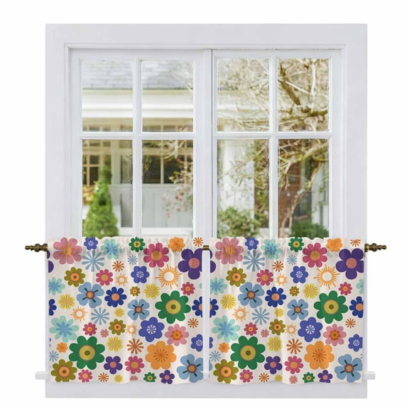 Retro Bohemia Floral Tier Curtains 24 Inch Length, Blue Purple Flowers Boho Style Beige Cafe Short Curtains for Bathroom Over Sink, Small Kitchen Curtain Light Filtering Drapes 2 Panels 27.5"Wx24"L