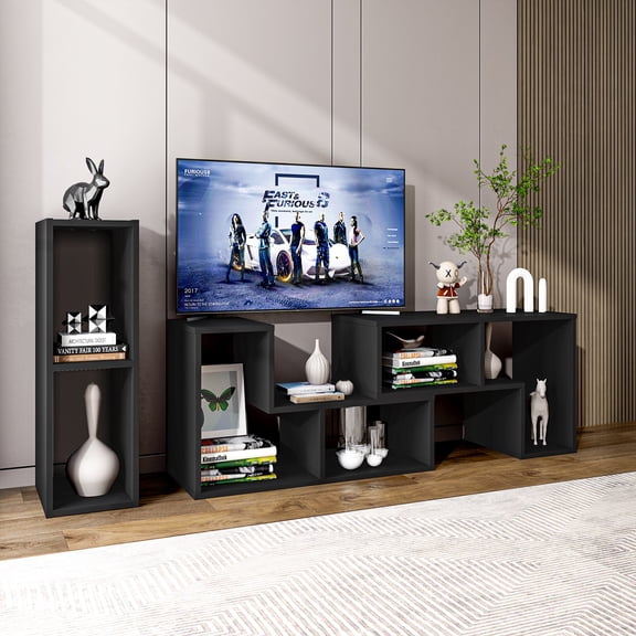 3 Pieces TV Console Stand Modern Entertainment Center Storage Bookcase Black