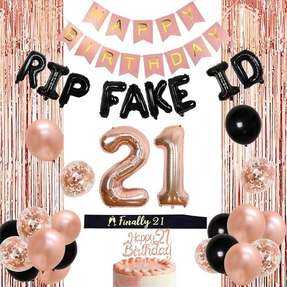 21st Birthday decor for Girl Rose Gold, Rip Fake Id 21st Birthday Party with Happy Birthday Banner Cake Topper Finally 21 Sash Fringe Curtain Champagne Bottle Cup Balloon for Woman 21st Birthday