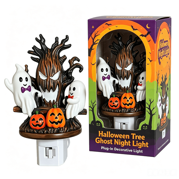 Halloween Ghost Pumpkin Spooky Tree Plug-in Night Light, Hand-Painted Resin Jack O Lantern Ghost Wall Nightlight with On/Off Switch, Cute Spooky Decorative Plug Lamp Multicolor