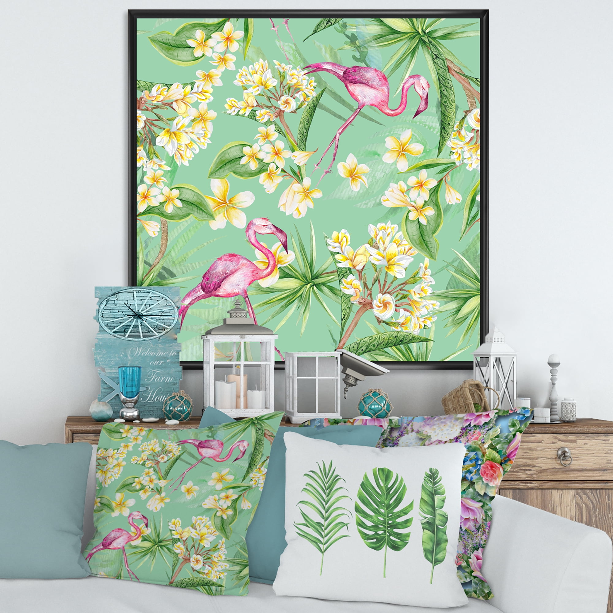 Designart 'Yellow Flowers, Tropical Foliage With Flamingo V' Traditional Framed Canvas Wall Art Print