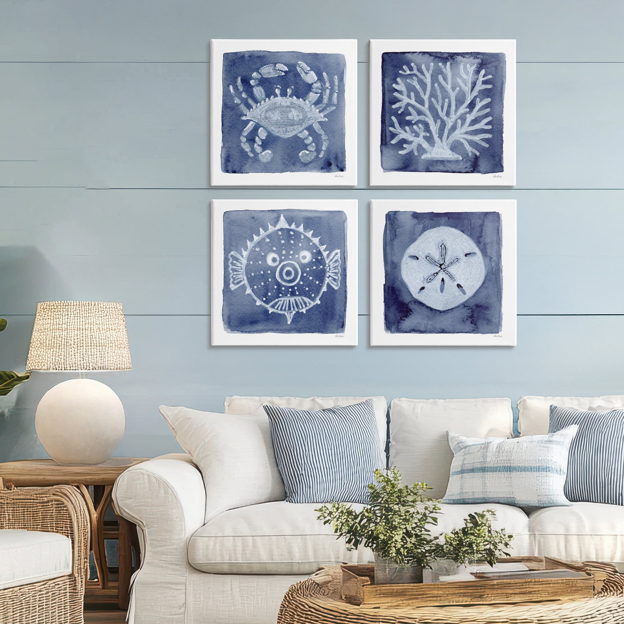 Stupell Industries Aquatic Creatures on Indigo 4 Piece Canvas Wall Art Set, design by Patti Bishop