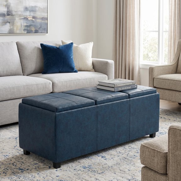 Avalon 42 inch Wide Contemporary Storage Ottoman in Distressed Dark Blue Vegan Leather