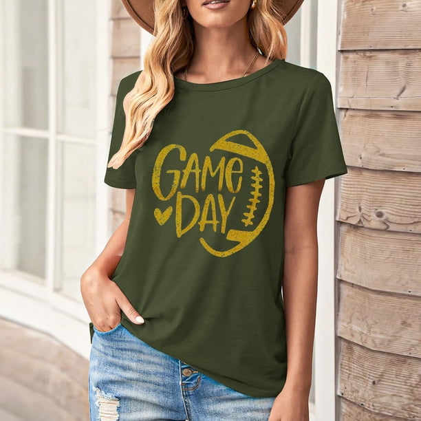 Karight Football Shirts for Women Game Day T Shirts Football Outfits Funny Graphic Tee Casual Short Sleeve Tee Shirts