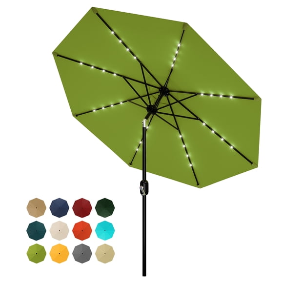 Sombrilla de Patio 9FT con Luces Solares, Verde Pasto Protección UV 32 LED, 8 Varillas Resistentes Mecanismo de Inclinación y Manivela para Jardín Piscina Patio Trasero
