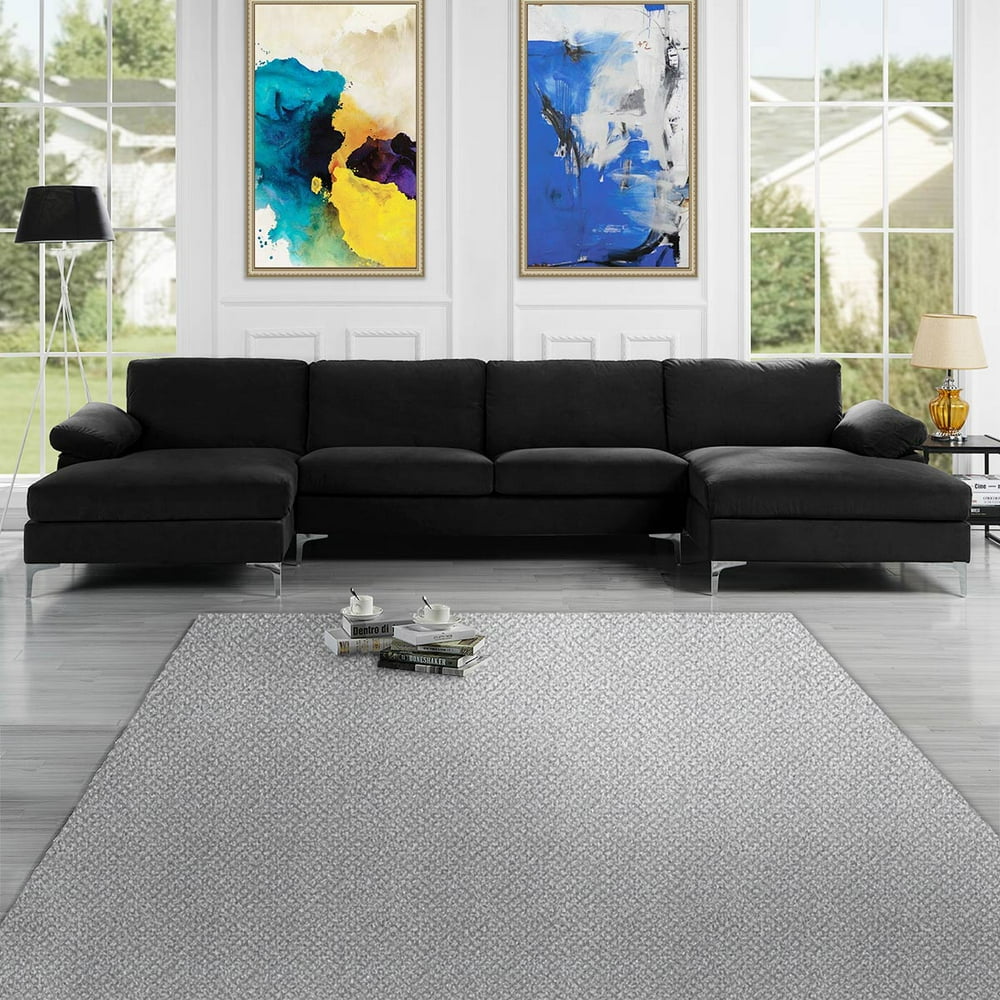 Mobilis Modern Large Microfiber Velvet Fabric UShape Sectional Sofa with Double Extra Wide