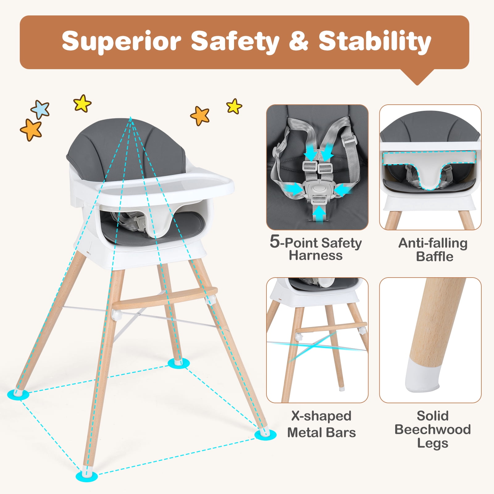 Costway Solid Wood Baby Feeding Chair Convertible High Chair for Babies & Toddlers