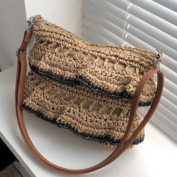 Bolso cruzados de moda de paja con volantes para mujer con cremallera para viajes, camping y vacaciones