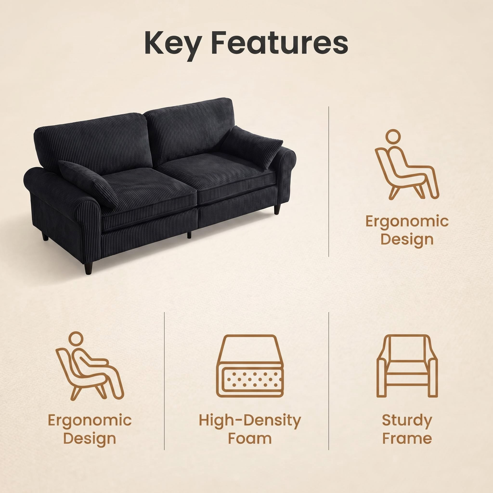 MOONMISS 80.7" Retro Corduroy Loveseat Sofa with Solid Wood Legs, 2-Seater Modern Upholstered Couch for Living Room,Bedroom,Black