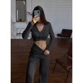 thumbnail image 5 of Women'S Solid Color Knitted Casual Hollow Commuter Suit Long Sleeve Button Top High Waist Pants Two-Piece Suit Black S, 5 of 6