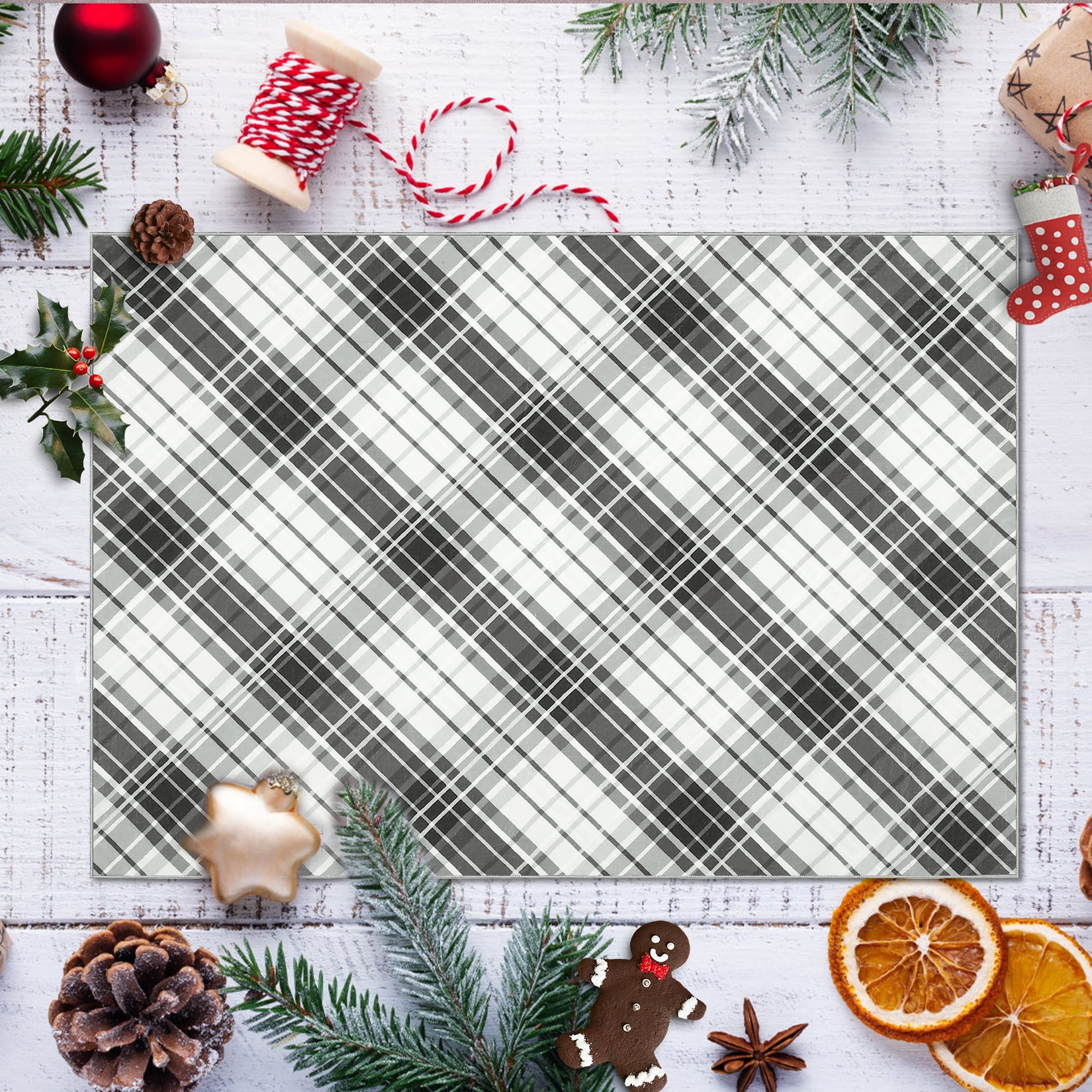 Aoile 9x12 Washable Large Area Rug, Christmas Decoration Carpet, Geometric Checkered Throw Mat Floor Carpet for Living Room, Black/Grey