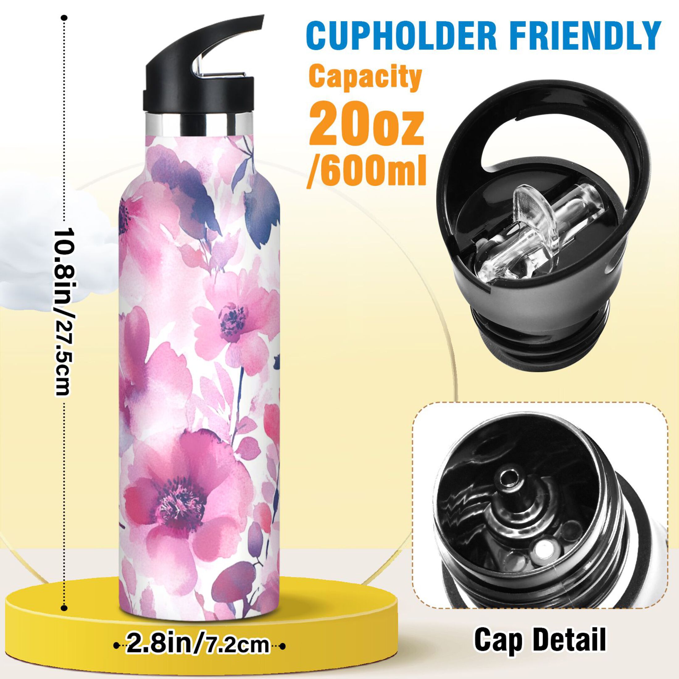 600ML Stainless Steel Insulated Cup Sports Water Bottle Portable Thermos Cup Water Glasses Insulated Tumblers Convenient and Durable Cream Flower