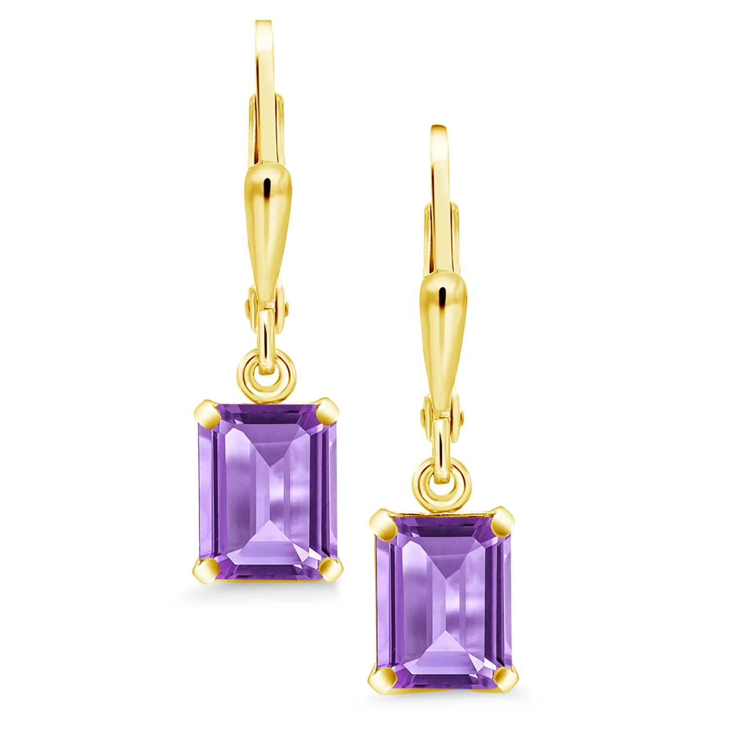 Gem Stone King 18K Yellow Gold Plated Silver Purple Amethyst Dangle Earrings for Women (3.00 Cttw, Gemstone February Birthstone, Emerald Cut 8X6MM)