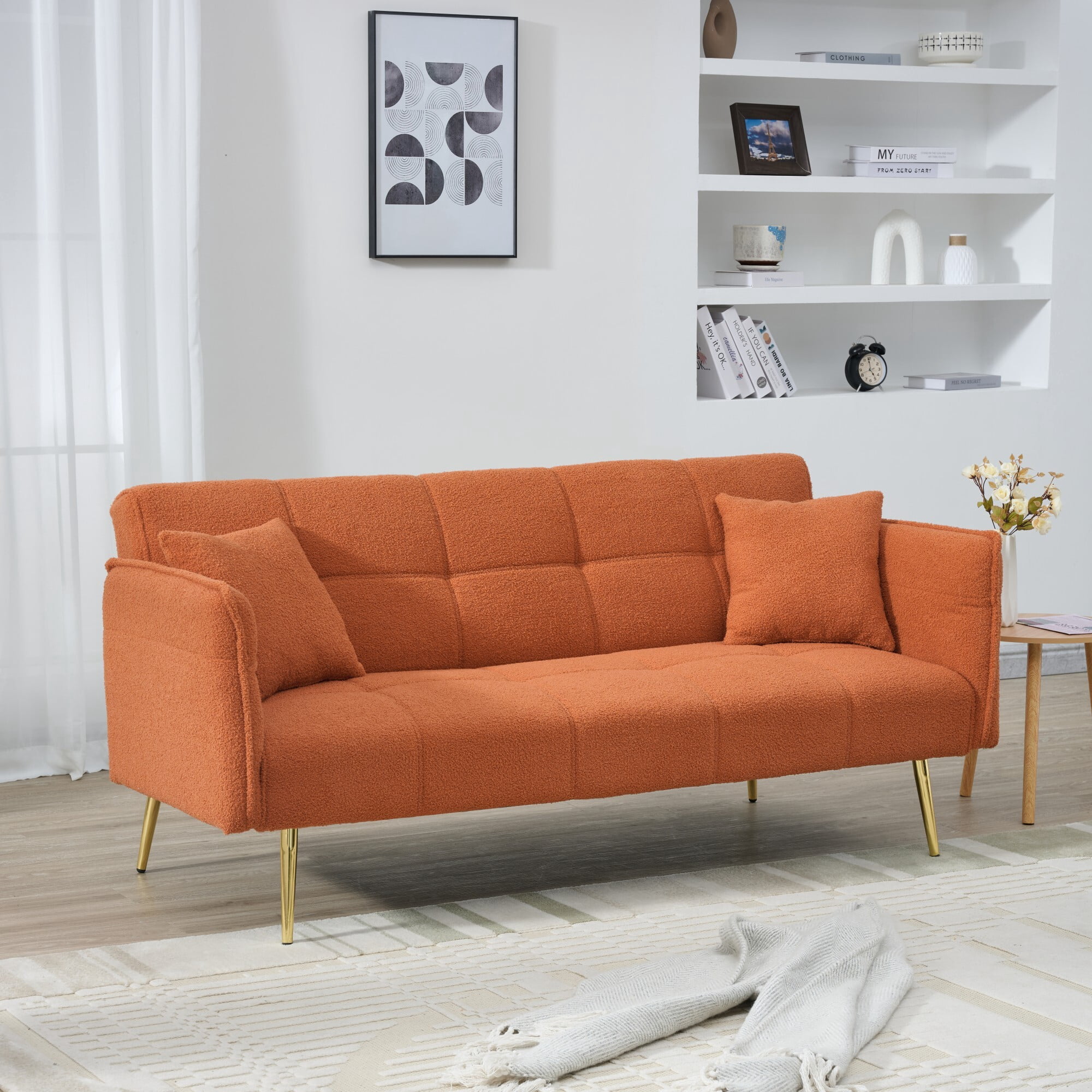 AENKYO 70-in Teddy Velvet Foldable Futon Sofa Bed, 3-in-1 Adjustable Sleeper Couch, Orange